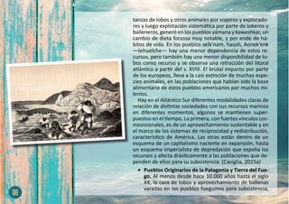 tanzas de lobos y otros animales por viajeros y explorado-
res y luego explotación sistemática por parte de loberos y
balleneros, generó en los pueblos yámana y kaweshkar, un
cambio de dieta forzosa muy notable, y por ende de há-
bitos de vida. En los pueblos selk’nam, haush, Aonek’enk
—tehuelche— hay una menor dependencia de estos re-
cursos, pero también hay una menor disponibilidad de lo-
bos como recurso y se observa una retracción del litoral
atlántico a partir del s. XVIII. El brutal impacto por parte
de los europeos, lleva a la casi extinción de muchas espe-
cies animales, en las poblaciones que habían sido la base
alimentaria de estos pueblos americanos por muchos mi-
lenios.
Hay en el Atlántico Sur diferentes modalidades claras de
relación de distintas sociedades con sus recursos marinos
en diferentes momentos, algunos se mantienen super-
puestos en el tiempo. La primera, con fuertes vínculos cos-
movisionales, es de un aprovechamiento sustentable y en
el marco de los sistemas de reciprocidad y redistribución,
característico de América. Las otras están dentro de un
esquema de un capitalismo naciente en expansión, hasta
un esquema imperialista de depredación que expolia los
recursos y afecta drásticamente a las poblaciones que de-
penden de ellos para su subsistencia. (Caviglia, 2015a)
•	 Pueblos Originarios de la Patagonia y Tierra del Fue-
go. Al menos desde hace 10.000 años hasta el siglo
XX, la caza de lobos y aprovechamiento de ballenas
varadas en los pueblos fueguinos para subsistencia,
08
 