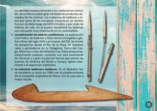 no afectaba sustancialmente a las poblaciones anima-
les. Se confeccionaban gran cantidad de productos de-
rivados de los mismos. Las matanzas de ballenas y lo-
bos por parte de los europeos, impacta en un cambio
forzoso de dieta luego de 6000 mil años, y por ende de
hábitos de vida. En el pueblo Aonek’enk las ballenas
son una parte muy importante en su cosmovisión.
•	 La explotación de loberos y balleneros. La explotación
sistemática de ballenas y lobos toma envergadura glo-
bal a fines del siglo XVIII y principios del XIX. Se inician
las pesquerías desde el Río de la Plata. Se explotan
calas y apostaderos en la Patagonia, Tierra del Fue-
go, Malvinas e Islas del Atlántico Sur. Estas pesquerías,
mayormente costeras, conviven con otra totalmente
de ultramar y a gran escala con barcos que parten de
puertos de América del Norte y Europa, ligada total-
mente a la expansión capitalista.
•	 La industria ballenera moderna. En el Atlántico Sur
se considera su inicio en 1904 con el establecimiento
de la Compañía Argentina de Pesca. Con la caza aún a
mayor escala.
09
 