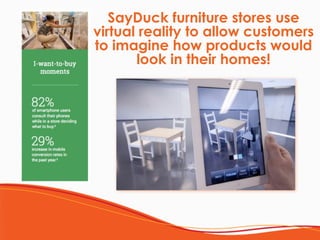 SayDuck furniture stores use
virtual reality to allow customers
to imagine how products would
look in their homes!
 