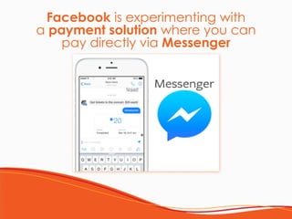 Facebook is experimenting with
a payment solution where you can
pay directly via Messenger
 
