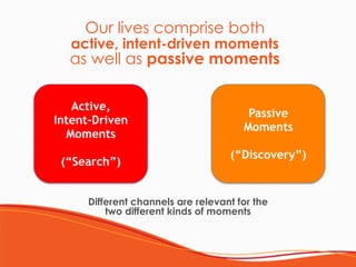 Active,  
Intent-Driven
Moments 
 
(“Search”)
Passive 
Moments 
 
(“Discovery”)
Our lives comprise both 
active, intent-driven moments  
as well as passive moments
Different channels are relevant for the
two different kinds of moments
 