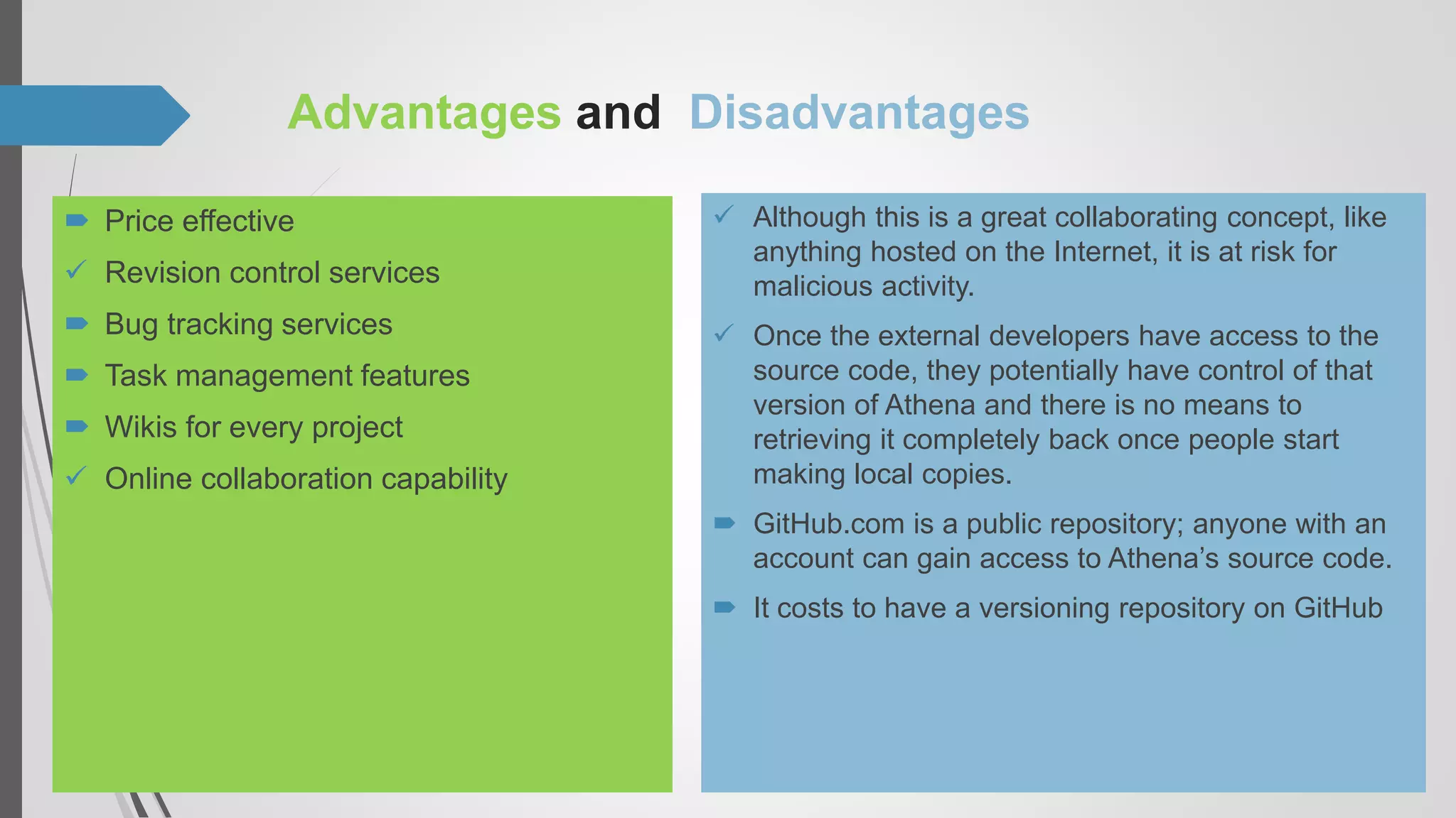 Advantages and Disadvantages
 Price effective
 Revision control services
 Bug tracking services
 Task management features
 Wikis for every project
 Online collaboration capability
 Although this is a great collaborating concept, like
anything hosted on the Internet, it is at risk for
malicious activity.
 Once the external developers have access to the
source code, they potentially have control of that
version of Athena and there is no means to
retrieving it completely back once people start
making local copies.
 GitHub.com is a public repository; anyone with an
account can gain access to Athena’s source code.
 It costs to have a versioning repository on GitHub
 