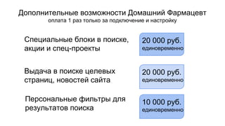 Дополнительные возможности Домашний Фармацевт
оплата 1 раз только за подключение и настройку
Специальные блоки в поиске,
акции и спец-проекты
Выдача в поиске целевых
страниц, новостей сайта
20 000 руб.
единовременно
Персональные фильтры для
результатов поиска
20 000 руб.
единовременно
10 000 руб.
единовременно
 