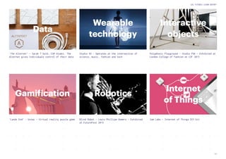 13
UAL FUTURES LEARN REPORT
RoboticsGamification
Data
Wearable
technology
Interactive
objects
Internet
of Things
‘The Alternet’ - Sarah T Gold, CSM Alumni. The
Alternet gives individuals control of their data
‘Lands End’ - Ustwo - Virtual reality puzzle game Blind Robot - Louis Phillipe Demers - Exhibited
at FutureFest 2015
Sam Labs - Internet of Things DIY kit
Studio XO - Operates at the intersection of
science, music, fashion and tech
Polyphonic Playground - Studio PSK - Exhibited at
London College of Fashion at LDF 2015
 