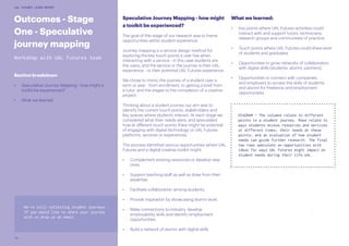 14
UAL FUTURES LEARN REPORT
Speculative Journey Mapping - how might
a toolkit be experienced?
The goal of this stage of our research was to frame
opportunities within student experience.
Journey mapping is a service design method for
exploring the key touch points a user has when
interacting with a service - in this case students are
the users, and the service or the journey is their UAL
experience - or their potential UAL Futures experience.
We chose to mimic the journey of a student over a
term or year - from enrollment, to getting a brief from
a tutor, and the stages to the completion of a creative
project.
Thinking about a student journey our aim was to
identify the current touch points, stakeholders and
key spaces where students interact. At each stage we
considered what their needs were, and speculated
how at different touch points there might be potential
of engaging with digital technology or UAL Futures
platforms, services or experiences.
The process identified various opportunities where UAL
Futures and a digital creative toolkit might:
•	 Complement existing resources or develop new
ones.
•	 Support teaching staff as well as draw from their
expertise.
•	 Facilitate collaboration among students.
•	 Provide inspiration by showcasing alumni work.
•	 Make connections to industry, develop
employability skills and identify employment
opportunities.
•	 Build a network of alumni with digital skills.
Outcomes - Stage
One - Speculative
journey mapping
Workshop with UAL Futures team
Section breakdown
•	 Speculative Journey Mapping - how might a
toolkit be experienced?
•	 What we learned
DIAGRAM - The columns relate to different
points in a student journey. Rows relate to
ways students access resources and services
at different times; their needs at these
points; and an evaluation of how student
needs can guide further research. The final
two rows speculate on opportunities with
ideas for ways UAL futures might impact on
student needs during their life UAL.
What we learned:
•	 Key points where UAL Futures activities could
interact with and support tutors, technicians,
research groups and communities of practice.
•	 Touch points where UAL Futures could share work
of students and graduates.
•	 Opportunities to grow networks of collaborators
with digital skills [students, alumni, partners].
•	 Opportunities to connect with companies
and employers to access the skills of students
and alumni for freelance and employment
opportunities.
We’re still collecting student journeys.
If you would like to share your journey
with us drop us an email.
 