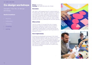 22
UAL FUTURES LEARN REPORT
Group: Connecting
Concept: UAL Spark (formerly UAL Tinder)
Description
UAL Spark is skill-swapping app for students based on
the dating app Tinder. UAL Spark centered on students
connecting with other students, whether from UAL or
from other universities and finding matches based on
skills and interests. It’s built on a simple matchmaking
and dating app principle. You sign-up, create a profile,
say who you want to collaborate with and start swiping.
What we think
One of a number of concepts from the co-design
and journey mapping workshops that focussed on
skill-sharing and dating models. Similar concepts
suggested included ideas for matchmaking tools for
peer-to-peer skill swapping and matching students to
graduate mentors.
How it might develop
At Artsmart we developed a prototype of UAL Spark,
which allowed students to sign-up, create a very simple
profile and find matches. The prototype was a great
way for us to test the concept and gather feedback and
ideas. Created in a matter of days, the site still featured
a profile picture. Feedback we got - and hoped for -
was that first impressions should be of student work,
not a picture of them.
Co-design workshops
Concepts from the co-design
workshops
Section breakdown
•	 Resources
•	 Collaborating
•	 Prototyping
•	 Connecting
•	 Learning
 