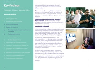 28
UAL FUTURES LEARN REPORT
Broadly these fell into two categories of content
or experiences that achieve learning outcomes at
different levels.
Online introductions to digital concepts - brief
definitions of concepts that outline the meaning of
terms, history, context and application in creative
practice and industry settings, and signposts to further
resources.
Online/offline workshop/exercises to unpack
digital concepts - short classes which explore
concepts further, with practical exercises and a clearly
defined learning outcomes.
3. Networked knowledge.
Access to knowledge, and specifically access to people
with specialist digital and tech skills was a discussion
point throughout the project - people who can help
explain new concepts, cement learning, or help
students through difficult points on a learning curve.
Students have highlighted that feedback from
technicians is key to the development of projects and
expressed a need for more skilled technicians. With
an increasing number of students recognising the
need to explore new technologies in their practice,
there are only so many specialist technicians, who are
understandably concentrated in digitally focussed
courses and departments.
We would like to explore ways alumni and industry
mentors can fill this gap by creating a network and
database of alumni with digital skills and tech expertise.
Recent graduates in particular, who are using the latest
tools, and have recently learned new skills could be
an invaluable and empathetic source of support for
students.
Key findings
Findings, themes, opportunities
Section breakdown
1.	 Defining digital skills
2.	 Demystifying digital concepts
3.	 Networked knowledge
4.	 Shaped with students
a.	 Peer-to-peer networks and crowdsourced 	
	knowledge
b.	 Teachers and mentors
c.	 Futures champions
d.	 Building digital products
5.	 Supported by the creative community
6.	 Connecting and showcasing digital at UAL
7.	 Embedding UAL Futures around student
journeys
8.	 Inspirational environments to meet and make
9.	 Platforms for knowledge exchange
10.	 Cross-disciplinary collaboration
 