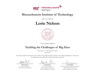 Massachusetts Institute of Technology
This is to certify that
has successfully completed
Tackling the Challenges of Big Data
November 17 – December 29, 2015
(20 hours)
An online program developed by the faculty of the MIT Computer Science and Artificial Intelligence Laboratory
in collaboration with MIT Professional Education and edX.
Bhaskar Pant
Executive Director
MIT Professional Education
Daniela Rus
Professor & Director
MIT Computer Science and
Artificial Intelligence Laboratory
Sam Madden
Professor & Director, Big Data Initiative,
MIT Computer Science and
Artificial Intelligence Laboratory
Lorie Nelson
 