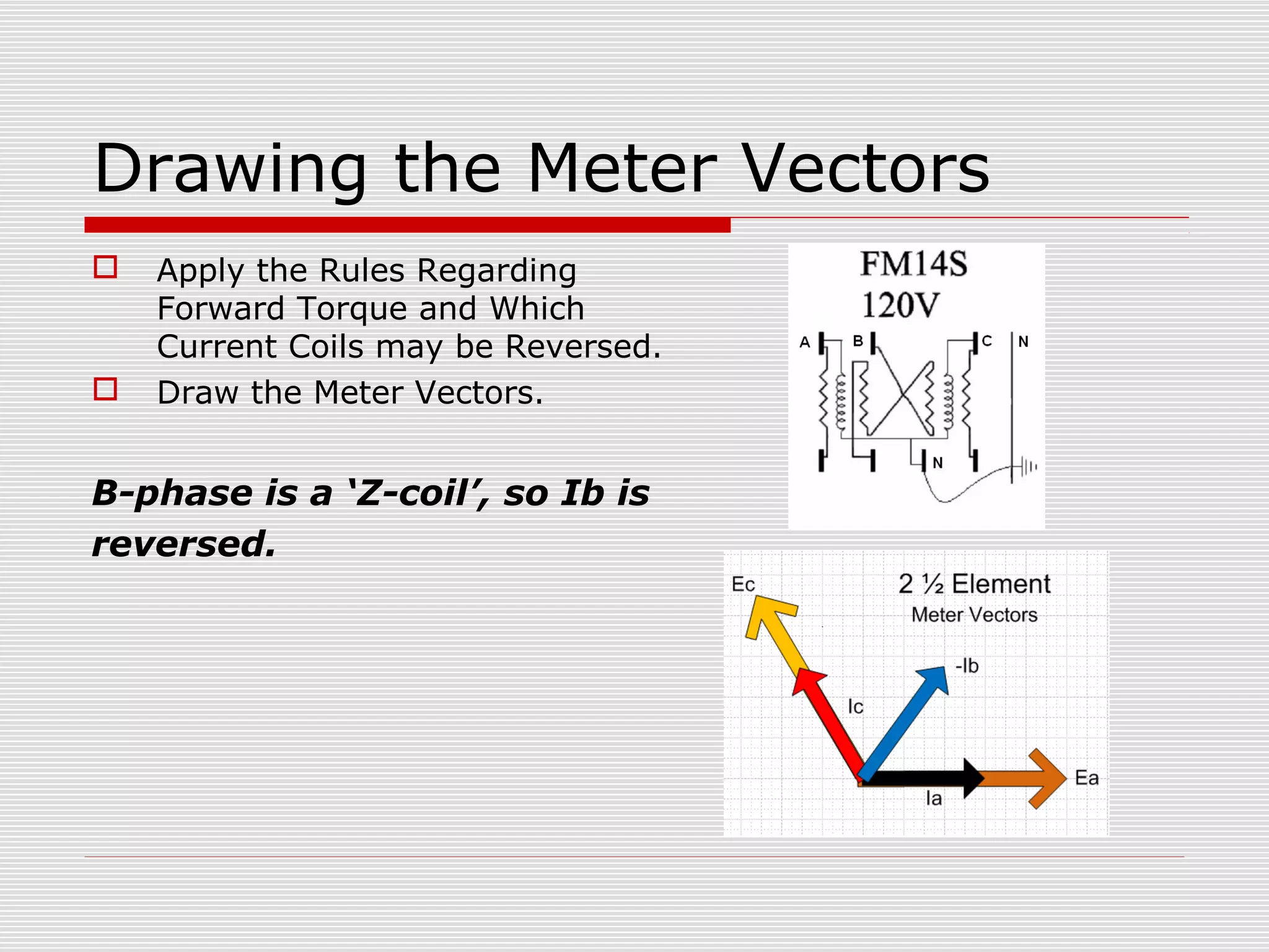 Drawing the Meter Vectors 
 Apply the Rules Regarding 
Forward Torque and Which 
Current Coils may be Reversed. 
 Draw the Meter Vectors. 
B-phase is a ‘Z-coil’, so Ib is 
reversed. 
 