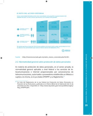29
EnsayosparalatransparenciadelaciudaddeMéxico
Fuente:  http://mexicoconectado.gob.mx/sobre_mexico_conectado.php?id=69.
2.2. Normatividad general sobre protección de datos personales
En materia de protección de datos personales, en el sector privado, la
normatividad general aplicable a nivel federal a los servicios de te-
lecomunicaciones e Internet proporcionados por concesionarios de
telecomunicaciones, autorizados o proveedores establecidos en México o
sujetos a la misma, es la ya citada LFPDPPP y su Reglamento.41
41 Se trata del Reglamento de la Ley Federal de Protección de Datos Personales en
Posesión de los Particulares, publicado en el Diario Oficial de la Federación del 21 de
diciembre de 2011. Disponible en http://www.diputados.gob.mx/LeyesBiblio/regley/
Reg_LFPDPPP.pdf.
 