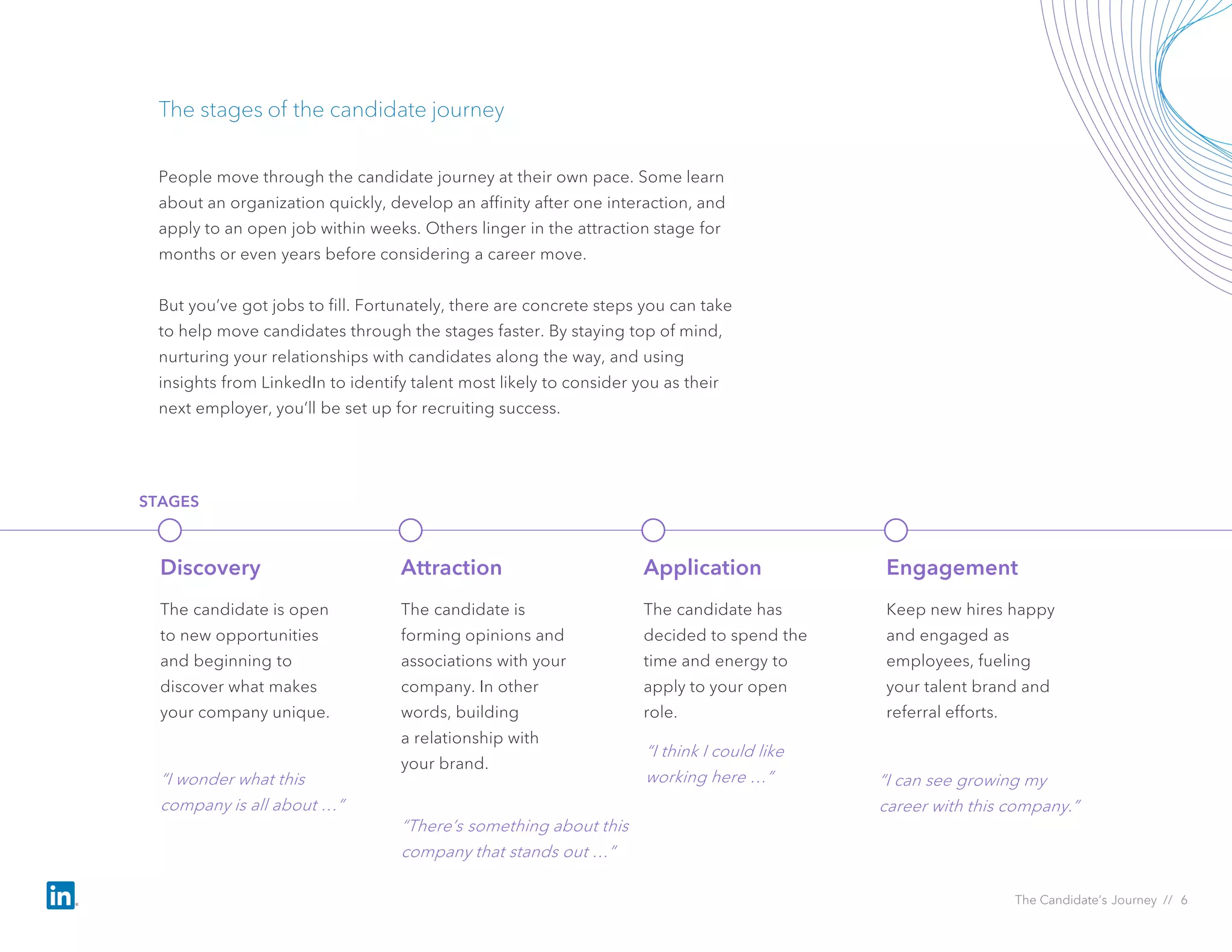 People move through the candidate journey at their own pace. Some learn
about an organization quickly, develop an affinity after one interaction, and
apply to an open job within weeks. Others linger in the attraction stage for
months or even years before considering a career move.
But you’ve got jobs to fill. Fortunately, there are concrete steps you can take
to help move candidates through the stages faster. By staying top of mind,
nurturing your relationships with candidates along the way, and using
insights from LinkedIn to identify talent most likely to consider you as their
next employer, you’ll be set up for recruiting success.
The stages of the candidate journey
The candidate is open
to new opportunities
and beginning to
discover what makes
your company unique.
The candidate is
forming opinions and
associations with your
company. In other
words, building
a relationship with
your brand.
The candidate has
decided to spend the
time and energy to
apply to your open
role.
Keep new hires happy
and engaged as
employees, fueling
your talent brand and
referral efforts.
Discovery Attraction Application Engagement
“I wonder what this
company is all about …”
“There’s something about this
company that stands out …”
“I think I could like
working here …”
STAGES
The Candidate’s Journey // 6
“I can see growing my
career with this company.”
 