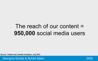 The reach of our content =
950,000 social media users
GDSGeorgina Goode & Suhail Adam
Source: Twitter and LinkedIn Analytics, July 2015
 