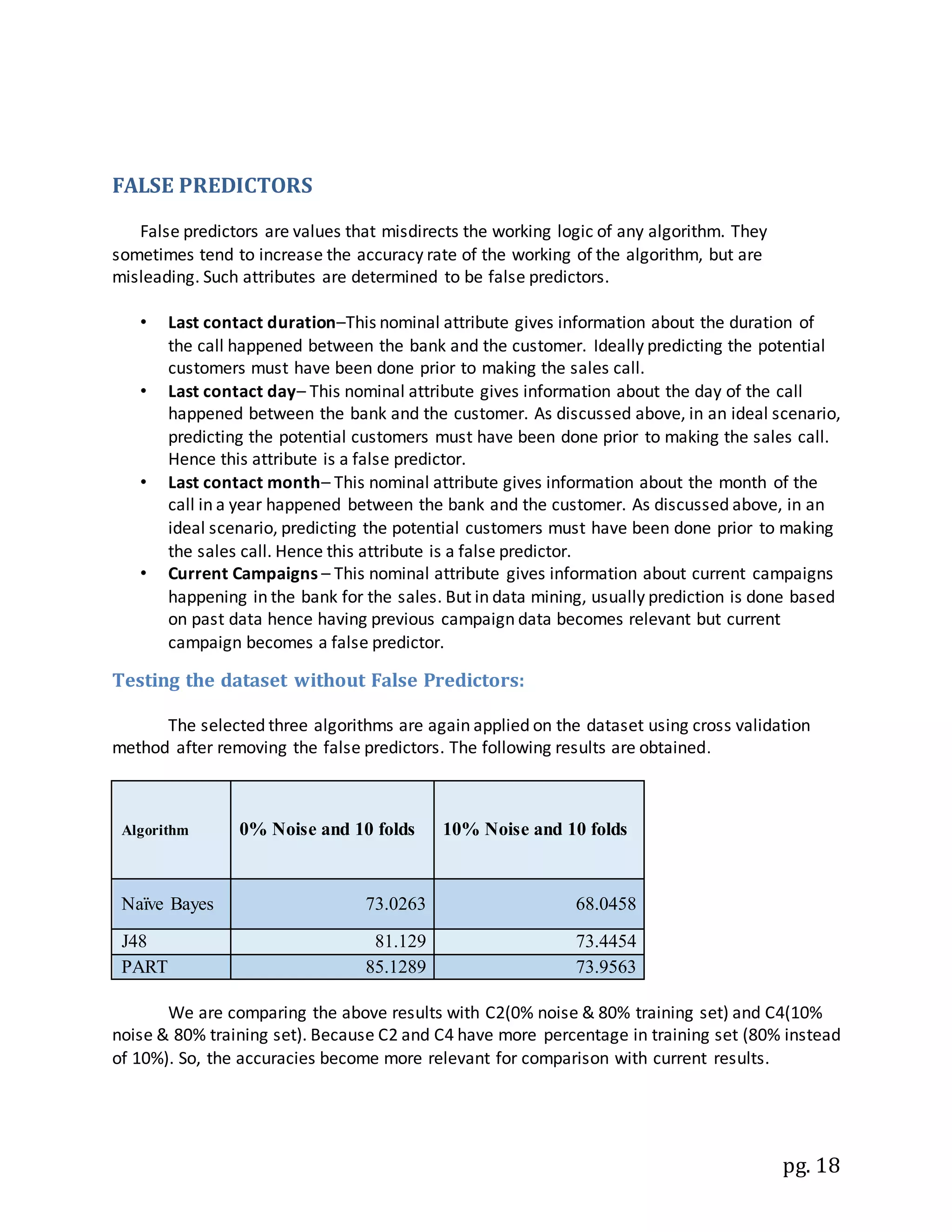pg. 18
FALSE PREDICTORS
False predictors are values that misdirects the working logic of any algorithm. They
sometimes tend to increase the accuracy rate of the working of the algorithm, but are
misleading. Such attributes are determined to be false predictors.
• Last contact duration–This nominal attribute gives information about the duration of
the call happened between the bank and the customer. Ideally predicting the potential
customers must have been done prior to making the sales call.
• Last contact day– This nominal attribute gives information about the day of the call
happened between the bank and the customer. As discussed above, in an ideal scenario,
predicting the potential customers must have been done prior to making the sales call.
Hence this attribute is a false predictor.
• Last contact month– This nominal attribute gives information about the month of the
call in a year happened between the bank and the customer. As discussed above, in an
ideal scenario, predicting the potential customers must have been done prior to making
the sales call. Hence this attribute is a false predictor.
• Current Campaigns – This nominal attribute gives information about current campaigns
happening in the bank for the sales. But in data mining, usually prediction is done based
on past data hence having previous campaign data becomes relevant but current
campaign becomes a false predictor.
Testing the dataset without False Predictors:
The selected three algorithms are again applied on the dataset using cross validation
method after removing the false predictors. The following results are obtained.
Algorithm 0% Noise and 10 folds 10% Noise and 10 folds
Naïve Bayes 73.0263 68.0458
J48 81.129 73.4454
PART 85.1289 73.9563
We are comparing the above results with C2(0% noise & 80% training set) and C4(10%
noise & 80% training set). Because C2 and C4 have more percentage in training set (80% instead
of 10%). So, the accuracies become more relevant for comparison with current results.
 