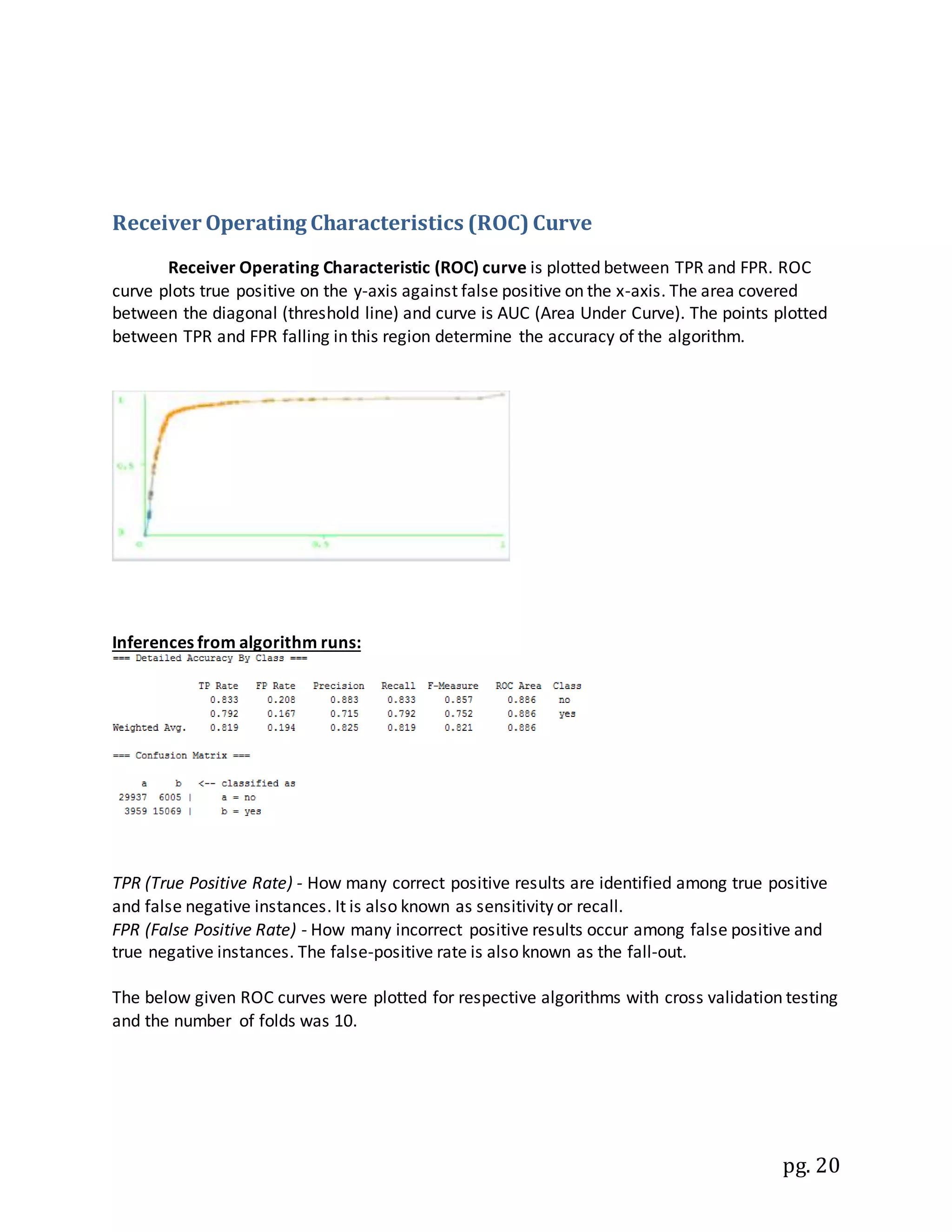 pg. 20
Receiver Operating Characteristics (ROC) Curve
Receiver Operating Characteristic (ROC) curve is plotted between TPR and FPR. ROC
curve plots true positive on the y-axis against false positive on the x-axis. The area covered
between the diagonal (threshold line) and curve is AUC (Area Under Curve). The points plotted
between TPR and FPR falling in this region determine the accuracy of the algorithm.
Inferences from algorithm runs:
TPR (True Positive Rate) - How many correct positive results are identified among true positive
and false negative instances. It is also known as sensitivity or recall.
FPR (False Positive Rate) - How many incorrect positive results occur among false positive and
true negative instances. The false-positive rate is also known as the fall-out.
The below given ROC curves were plotted for respective algorithms with cross validation testing
and the number of folds was 10.
 