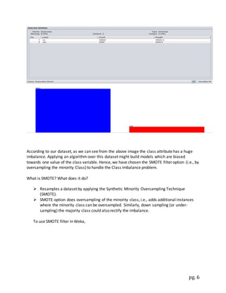 pg. 6
According to our dataset, as we can see from the above image the class attribute has a huge
imbalance. Applying an algorithm over this dataset might build models which are biased
towards one value of the class variable. Hence, we have chosen the SMOTE filter option (i.e., by
oversampling the minority Class) to handle the Class Imbalance problem.
What is SMOTE? What does it do?
 Resamples a dataset by applying the Synthetic Minority Oversampling Technique
(SMOTE).
 SMOTE option does oversampling of the minority class, i.e., adds additional instances
where the minority class can be oversampled. Similarly, down sampling (or under-
sampling) the majority class could also rectify the imbalance.
To use SMOTE filter in Weka,
 
