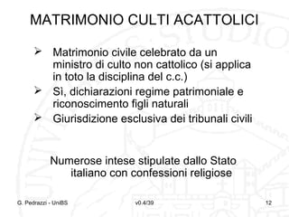 MATRIMONIO CULTI ACATTOLICI
 Matrimonio civile celebrato da un
ministro di culto non cattolico (si applica
in toto la disciplina del c.c.)
 Sì, dichiarazioni regime patrimoniale e
riconoscimento figli naturali
 Giurisdizione esclusiva dei tribunali civili

Numerose intese stipulate dallo Stato
italiano con confessioni religiose
G. Pedrazzi - UniBS

v0.4/39

12

 