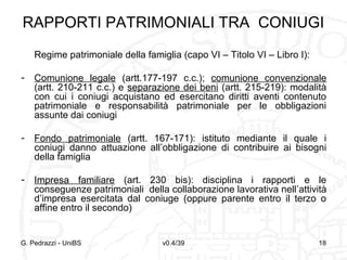 RAPPORTI PATRIMONIALI TRA CONIUGI
Regime patrimoniale della famiglia (capo VI – Titolo VI – Libro I):
-

Comunione legale (artt.177-197 c.c.); comunione convenzionale
(artt. 210-211 c.c.) e separazione dei beni (artt. 215-219): modalità
con cui i coniugi acquistano ed esercitano diritti aventi contenuto
patrimoniale e responsabilità patrimoniale per le obbligazioni
assunte dai coniugi

-

Fondo patrimoniale (artt. 167-171): istituto mediante il quale i
coniugi danno attuazione all’obbligazione di contribuire ai bisogni
della famiglia

-

Impresa familiare (art. 230 bis): disciplina i rapporti e le
conseguenze patrimoniali della collaborazione lavorativa nell’attività
d’impresa esercitata dal coniuge (oppure parente entro il terzo o
affine entro il secondo)

G. Pedrazzi - UniBS

v0.4/39

18

 