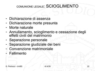 COMUNIONE LEGALE:

-

SCIOGLIMENTO

Dichiarazione di assenza
Dichiarazione morte presunta
Morte naturale
Annullamento, scioglimento e cessazione degli
effetti civili del matrimonio
Separazione personale
Separazione giudiziale dei beni
Convenzione matrimoniale
Fallimento

G. Pedrazzi - UniBS

v0.4/39

22

 