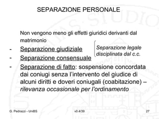 SEPARAZIONE PERSONALE

-

Non vengono meno gli effetti giuridici derivanti dal
matrimonio
Separazione legale
Separazione giudiziale
disciplinata dal c.c.

Separazione consensuale
Separazione di fatto: sospensione concordata
dai coniugi senza l’intervento del giudice di
alcuni diritti e doveri coniugali (coabitazione) –
rilevanza occasionale per l’ordinamento

G. Pedrazzi - UniBS

v0.4/39

27

 