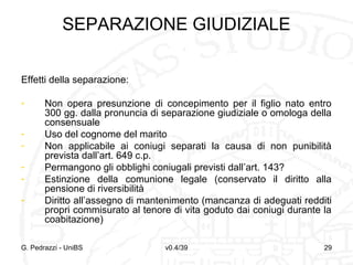 SEPARAZIONE GIUDIZIALE
Effetti della separazione:
-

Non opera presunzione di concepimento per il figlio nato entro
300 gg. dalla pronuncia di separazione giudiziale o omologa della
consensuale
Uso del cognome del marito
Non applicabile ai coniugi separati la causa di non punibilità
prevista dall’art. 649 c.p.
Permangono gli obblighi coniugali previsti dall’art. 143?
Estinzione della comunione legale (conservato il diritto alla
pensione di riversibilità
Diritto all’assegno di mantenimento (mancanza di adeguati redditi
propri commisurato al tenore di vita goduto dai coniugi durante la
coabitazione)

G. Pedrazzi - UniBS

v0.4/39

29

 