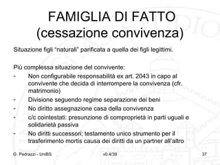 FAMIGLIA DI FATTO
(cessazione convivenza)
Situazione figli “naturali” parificata a quella dei figli legittimi.
Più complessa situazione del convivente:
Non configurabile responsabilità ex art. 2043 in capo al
convivente che decida di interrompere la convivenza (cfr.
matrimonio)
Divisione seguendo regime separazione dei beni
No diritto assegnazione casa della convivenza
c/c cointestati: presunzione di comproprietà in parti uguali e
solidarietà passiva
No diritti successori; testamento unico strumento per il
trasferimento mortis causa dei diritti da un partner all’altro
G. Pedrazzi - UniBS

v0.4/39

37

 
