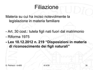 Filiazione
Materia su cui ha inciso notevolmente la
legislazione in materia familiare
- Art. 30 cost.: tutela figli nati fuori dal matrimonio
- Riforma 1975
- Lex 10.12.2012 n. 219 “Disposizioni in materia
di riconoscimento dei figli naturali”

G. Pedrazzi - UniBS

v0.4/39

38

 