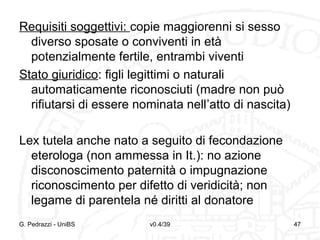 Requisiti soggettivi: copie maggiorenni si sesso
diverso sposate o conviventi in età
potenzialmente fertile, entrambi viventi
Stato giuridico: figli legittimi o naturali
automaticamente riconosciuti (madre non può
rifiutarsi di essere nominata nell’atto di nascita)
Lex tutela anche nato a seguito di fecondazione
eterologa (non ammessa in It.): no azione
disconoscimento paternità o impugnazione
riconoscimento per difetto di veridicità; non
legame di parentela né diritti al donatore
G. Pedrazzi - UniBS

v0.4/39

47

 