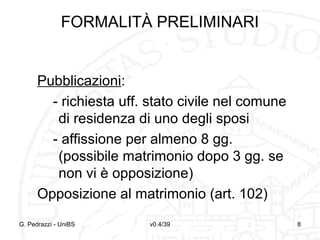 FORMALITÀ PRELIMINARI
Pubblicazioni:
- richiesta uff. stato civile nel comune
di residenza di uno degli sposi
- affissione per almeno 8 gg.
(possibile matrimonio dopo 3 gg. se
non vi è opposizione)
Opposizione al matrimonio (art. 102)

G. Pedrazzi - UniBS

v0.4/39

8

 