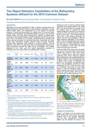 feature
soundings Issue 66 Winter 2016 11
The Object Detection Capabilities of the Bathymetry
Systems Utilised for the 2015 Common Dataset
by Luke Elliott Bathymetric Appraisal Officer, United Kingdom Hydrographic Office
Introduction
hallow Survey was established in 1999, in Sydney, Australia and is the
international conference series for high-resolution hydrographic surveys
in shallow water. The fundamental aim of the series is to promote
progress in survey techniques within the coastal zone. Of the many topics
covered at the conference, considerable emphasis is given to the Common
Dataset (CDS). The CDS allows manufacturers, relevant to shallow water
surveying, to test equipment against market competitors over the same survey
area. This is not limited to, but includes, conventional echo sounding and
remote sensing techniques for acquiring bathymetry, backscatter and water
column data. Sub-bottom profilers, sidescan sonars and laser scanners,
amongst other equipment, have featured in previous datasets. The key
objective of the CDS is to allow those within the hydrographic community to
make comparisons between the latest survey technologies. This enables
judgement to be made upon the various approaches employed by
manufacturers to the many elements of shallow water surveying.
System
Release
Date
Cost1 Technology2 BDM3 Max.
Frequency
No. of
Beams
Max.
Swath
Angle
Beamwidth4
Al-tT x Ac-tR
Kongsberg5
EM2040DRX
2009 High MBES A, P 400kHz 5126 200° 0.5 x 1.0
Teledyne
RESON
SeaBat 7125
2007 High MBES A, P 400kHz 512 165° 1.0 x 0.5
Teledyne
RESON
SeaBat T20P
2013 Medium MBES A, P 400kHz 512 165° 1.0 x 1.0
EdgeTech
6205
2014 Medium MPES P 550kHz N/A 200° 0.5 x N/A
Kongsberg
GeoSwath
Plus 500kHz
2013 Low PMBS P 500kHz N/A 240° 0.5 x N/A
Kongsberg
Mesotech M3
2014 Low MBES A, P 500kHz 256 120° 3.0 x 1.6
Teledyne
Odom
Hydrographic
MB1
2012 Low MBES A, P 220kHz 512 120° 3.0 x 4.0
WASSP
WMB3250
2013 Low MBES A, P 160kHz 224 120° 3.5 x 0.54
Notes:
1. Cost: Low £0-50,000; Medium £50-100,000; High £100,000+
2. MPES (Multiphase Echo Sounder), MBES (Multibeam Echo Sounder), PMBS (Phase Measuring
Bathymetric Sonar)
3. Bottom Detection Method: A = Amplitude; P = Phase. Primary is given first
4. Al-tT (Along-track Transmit), Ac-tR (Across-track Receive). Phase measuring sonars (EdgeTech 6205,
Kongsberg GeoSwath Plus 500kHz) do not have a calculated across-track footprint (resolution) as for
these systems; the across-track resolution is a function of bandwidth (1/Pulse Width) rather than
beamwidth. For this reason they cannot be compared like for like against the MBES systems in terms of
beamwidth.
5. There were two datasets analysed for the Kongsberg EM2040DRX; one completed in single swath
mode and one in dual swath mode.
6. 512 actual beams but the system can acquire 800/1600 depths per ping in single swath and dual swath
modes respectively. This is because the system creates extra bottom detections (named “soft beams”)
by analysing the phase signal of the return, thus increasing the data density.
Table 1: Manufacturers and systems that completed the TDT for the dataset
Following on from a paper by Andrew Talbot
comparing the systems utilised in the 2005
CDS, this study provides an analysis of all
the systems used to compile the latest
dataset (collected in Plymouth, UK during the
summer of 2014 and spring 2015). The key
theme of the paper is the Target Detection
Task (TDT), a new element previously not
utilised. The task was instigated to test the
object detection capabilities of the systems.
Table 1 lists the manufacturers and systems
that took part. A 250kHz GeoSwath system
was also used but unfortunately was, at the
time, unreadable in Caris HIPS and SIPS
and thus removed from the study.
Unlike the 2005 CDS, where only one vessel
was used in a five day window, this time four
vessels were used in a two month period
(July to August 2014). Each had various
positioning and motion reference systems
fitted, reducing the commonality between the
datasets. Further to this, Kongsberg returned
in March 2015 to add an additional two
systems to the dataset. Commonality was
thus in the specification provided to those
undertaking the TDT. Strict line plans were
set, consisting of three lines for each target
(Figure 1) with the following criteria: 140°
swath coverage sector (±70° from nadir); 6kn
speed over ground (SOG); North to South
orientation with an offline tolerance of 5m.
Figure 1: TDT within Task Area 1, Plymouth Sound.
The location chart (top-right) shows Areas 1 and 2
within the Sound. Later, lines are referred to in
relation to this orientation
Targets for Comparison
Target 1 is thought to be the remains of a
WWII loading jetty used during the D-Day
landings. Due to the stringent algorithms
used by many manufacturers, mid-water
objects can be mistaken for noise or not
S
 