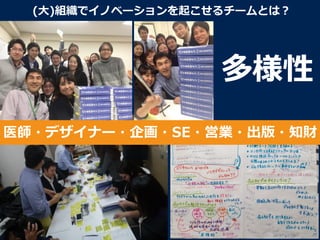 (⼤大)組織でイノベーションを起こせるチームとは？
多様性
医師・デザイナー・企画・SE・営業・出版・知財
 