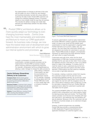 the implementation of changes at all levels of the suite,
                    with the ability not only to modify the user interface
                    and business processes, but also the unique ability to
                    customize the data model. Pivotal CRM customers can
                    change the underlying database entities or business
                    objects to more closely model the way they do business.
                    This includes the ability to change and create data
                    elements and relationships between the data entities
                    as required.



“   […Pivotal CRM’s] architecture allows us to
    more quickly adapt our technology to ever-
    changing business needs…Centra [now
                                                                                    Figure 1: The Pivotal CRM Toolkit Graphical UI
    has] the most maintainable and extensible
    architecture to move our CRM application                                        To ensure customizations could be easily implemented,
                                                                                    the Pivotal CRM team created a graphical customization
    forward. As business rules change, we now                                       toolkit: an easy-to-use visual tool that enables rapid
    have the lowest total cost of development and                                   customization to meet the organization’s ongoing needs.
                                                                                    Familiar elements such as forms, tables, lists, and
    administration environment with which to grow                                   queries—the main areas that customizers interact with—


                                                                ”
    our internal systems and processes.                                             are designed to be intuitive for customizers to use and
                                                                                    learn. Pivotal CRM provides an elegant, uncomplicated
                                                                Todd Williamson     framework for determining how these elements interact
                                                Senior Business Systems Manager     with each other to create functionality.
                                                                  Centra Software   Customizers work with forms, which are the visual
                                                                                    representation of CRM data, business processes, and
                      Through a combination of configuration and                    workflow that the user sees on their client. Forms contain
                      customization, complex business processes can be              the database structure; every field on a form is by default
                      implemented in Pivotal CRM by business analysts,              linked to a table in the database. To modify a form to
                      without requiring extensive programming resources.            meet the needs of users, customizers lay out the form
                      For example, configuration can be as straightforward as       directly using point-and-click buttons and other screen
                      allowing a sales manager to change the sales process by       elements. Customizations are then saved as metadata,
                                                      easily editing a milestone.   not as code or rigid table extensions.
                                                      Customization can also
     Centra Software Streamlines                      be accomplished in a          For example, creating a customer contact form requires
     Delivery to Its Customers                        straightforward manner        the customizer simply to link the new form to the
     Company Facts: World’s leading global            by, for example, changing     corresponding database element, lay out the form using
     provider of enterprise software and services     or adding tables within the   the embedded Microsoft Visual Studio Forms Designer,
     for eLearning and business collaboration;        Pivotal CRM data model        and register the new form with the navigation menu. All
     $24M annual revenue                              to more closely align with    this is done without needing to write a single line of code.
     Business Problem: Customers had to interact      a company’s business          If a new table is required for the form, Pivotal CRM has
     directly with account managers and call center   model.                        graphical tools to allow the customizer to quickly build
     representatives to obtain product and technical                                new tables into the system.
     information, including software updates.
     Solution: Pivotal CRM Suite, including Pivotal                                 This powerful WYSIWYG (What You See Is What You Get)
     CRM, including CDC Software's customer                                         model for both configurations and customizations makes
     self-service portal, Pivotal eService.                                         the tailoring process rapid and intuitive. The Pivotal CRM
                                                                                    solution provides out-of-the-box form templates with logic
                                                                                    and rules built in, and additional logic and workflow can
                                                                                    also be attached. Because of this, the customizer role can
                                                                                    be filled by a business analyst, as no code-level changes
                                                                                    are required.

                                                                                    However, if internal programmers are available,
                                                                                    Pivotal CRM does provide a comprehensive library
                                                                                    of APIs (Application Programming Interfaces) for
                                                                                    application developers to customize against, using



                                                                                                                              Pivotal CRM | White Paper   5
 