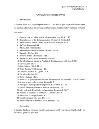 IglesiaBautistaPalabrade Vida
Instituto Bíblico
1
25 FUNCIONES DEL ESPÍRITU SANTO:
Introducción:
El Espíritu Santo es la segunda persona de la Trina Deidad, por lo que es Dios, con todos
sus atributos. Sus funciones serán siempre a favor del ser humano y nunca en perjuicio.
Funciones:
1. Convence de pecado y muestra la salvación. Juan 16:8-11,13
2. Nos sella para el día de la redención. Efesios 4:5, Efesios 1:3.
3. Da testimonio de que somos Hijos de Dios. Romanos 8:16.
4. Da Vida. Romanos 8:11
5. Da el Amor. Romanos 5:5
6. Da el Fruto de Espíritu Santo. Gálatas 5:22-23.
7. Da poder. Hechos 1:8.
8. Reparte dones. 1 Corintios 12:11.
9. Da Justicia, Paz y gozo. Romanos 14:16-17.
10. Da valentía para hablar la Palabra de Dios (denuedo). Hechos 4:23-31
11. Enseña. Juan 14:26.
12. Guía. Salmos 25:8-9, 27:11.
13. Unge. Hechos 10:38, Lucas 4:18.
14. Consuela. Hechos 9:31, Juan 14:26
15. Fortalece. Hechos 9:31.
16. Recuerda. Juan 14:26.
17. Mostrará lo que debemos decir en momentos de persecución. Lucas 12:11-12.
18. Aconseja, aun en las noches. Salmos 16:7.
19. Nos ayuda a interpretar lo espiritual. 1 Corintios 2:13-14.
20. Revela las cosas profundas de Dios. 1 Corintios 2:10.
21. Intercede ante Dios Padre en la oración. Romanos 8:26-27
22. Muestra la salida de la tentación. 1 Corintios 10:13.
23. Da unidad al cuerpo. Efesios 4:3.
24. Glorifica a Jesucristo. Juan 16:14-15.
25. Imprescindible en nuestras vidas. Salmos 51:11.
Conclusión:
El Espíritu Santo se ocupa de nosotros, sin embargo, Él respeta nuestra libertad y no
hará nada que no le pidamos.