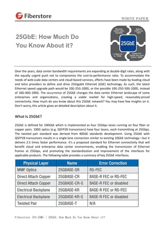WHITE PAPER
Fiberstore (FS.COM) | 25GbE: How Much Do You Know About it?
Over the years, data center bandwidth requirements are expanding at double-digit rates, along with
the equally urgent push not to compromise the cost-to-performance ratio. To accommodate the
needs of web-scale data centers and cloud-based services, efforts have been made by leading cloud
and telco providers to define and drive 25Gigabit Ethernet (GbE) technology. As such, the latest
Ethernet speed upgrade path would be 10G-25G-100G, or the possible 10G-25G-50G-100G, instead
of 10G-40G-100G. The occurrence of 25GbE changes the data center Ethernet landscape of some
enterprises and organizations, creating a viable market for high-speed, reasonably-priced
connectivity. How much do you know about this 25GbE network? You may have few insights on it.
Don’t worry, this article gives an detailed description about it.
What Is 25GbE?
25GbE is defined for 100GbE which is implemented as four 25Gbps lanes running on four fiber or
copper pairs. 100G optics (e.g. QSFP28 transceivers) have four lasers, each transmitting at 25Gbps.
The twisted pair standard was derived from 40GbE standards development. Using 25GbE with
QSFP28 transceivers results in a single-lane connection similar to existing 10GbE technology—but it
delivers 2.5 times faster performance. It’s a proposed standard for Ethernet connectivity that will
benefit cloud and enterprise data center environments, enabling the transmission of Ethernet
frames at 25Gbps, and promoting the standardization and improvement of the interfaces for
applicable products. The following table provides a summary of key 25GbE interfaces.
25GbE: How Much Do
You Know About it?
 