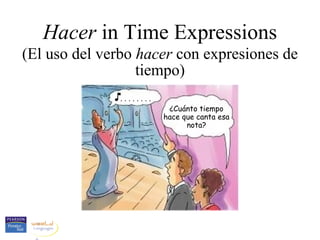 Hacer in Time Expressions
(El uso del verbo hacer con expresiones de
                  tiempo)
              ........
                          ¿Cuánto tiempo
                         hace que canta esa
                               nota?
 