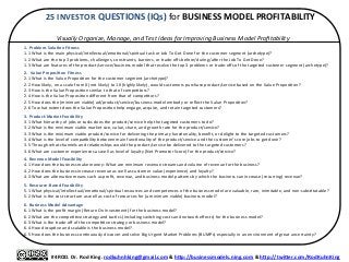  25	
  INVESTOR	
  QUESTIONS	
  (IQs)	
  for	
  BUSINESS	
  MODEL	
  PROFITABILITY	
  
	
  
Visually	
  Organize,	
  Manage,	
  and	
  Test	
  Ideas	
  for	
  Improving	
  Business	
  Model	
  Proﬁtability	
  
	
  
#4ROD.	
  Dr.	
  Rod	
  King.	
  rodkuhnhking@gmail.com	
  &	
  hLp://businessmodels.ning.com	
  &	
  hLp://twiLer.com/RodKuhnKing	
  
1.	
  Problem-­‐SoluVon	
  Fitness	
  
1.1	
  What	
  is	
  the	
  main	
  physical/intellectual/emo6onal/spiritual	
  task	
  or	
  Job	
  To	
  Get	
  Done	
  for	
  the	
  customer	
  segment	
  (archetype)?	
  
1.2	
  What	
  are	
  the	
  top	
  3	
  problems,	
  challenges,	
  constraints,	
  barriers,	
  or	
  trade-­‐oﬀs	
  before/during/aGer	
  the	
  Job	
  To	
  Get	
  Done?	
  
1.3	
  What	
  are	
  features	
  of	
  the	
  product/service/business	
  model	
  that	
  resolve	
  the	
  top	
  3	
  problems	
  or	
  trade-­‐oﬀs	
  of	
  the	
  targeted	
  customer	
  segment	
  (archetype)?	
  
	
  
2.	
  	
  Value	
  ProposiVon	
  Fitness	
  
2.1	
  What	
  is	
  the	
  Value	
  Proposi6on	
  for	
  the	
  customer	
  segment	
  (archetype)?	
  
2.2	
  How	
  likely,	
  on	
  a	
  scale	
  from	
  0	
  (not	
  likely)	
  to	
  10	
  (highly	
  likely),	
  would	
  customers	
  purchase	
  product/service	
  based	
  on	
  the	
  Value	
  Proposi6on?	
  
2.3	
  How	
  is	
  the	
  Value	
  Proposi6on	
  similar	
  to	
  that	
  of	
  compe6tors?	
  
2.4	
  How	
  is	
  the	
  Value	
  Proposi6on	
  diﬀerent	
  from	
  that	
  of	
  compe6tors?	
  
2.5	
  How	
  does	
  the	
  (minimum	
  viable)	
  ad/product/service/business	
  model	
  embody	
  or	
  reﬂect	
  the	
  Value	
  Proposi6on?	
  
2.6	
  To	
  what	
  extent	
  does	
  the	
  Value	
  Proposi6on	
  help	
  engage,	
  acquire,	
  and	
  retain	
  targeted	
  customers?	
  
	
  
3.	
  Product-­‐Market	
  Feasibility	
  
3.1	
  What	
  hierarchy	
  of	
  jobs	
  or	
  tasks	
  does	
  the	
  product/service	
  help	
  the	
  targeted	
  customers	
  to	
  do?	
  
3.2	
  What	
  is	
  the	
  minimum	
  viable	
  market	
  size,	
  value,	
  share,	
  and	
  growth	
  rate	
  for	
  the	
  product/service?	
  
3.3	
  What	
  is	
  the	
  minimum	
  viable	
  product/service	
  for	
  delivering	
  the	
  primary	
  func6onality,	
  beneﬁt,	
  or	
  delight	
  to	
  the	
  targeted	
  customers?	
  
3.4	
  What	
  is	
  the	
  level	
  of	
  compa6bility	
  between	
  main	
  func6onality	
  of	
  the	
  product/service	
  and	
  the	
  customer’s	
  core	
  jobs	
  to	
  get	
  done?	
  
3.5	
  Through	
  what	
  channels	
  and	
  rela6onships	
  would	
  the	
  product/service	
  be	
  delivered	
  to	
  the	
  targeted	
  customers?	
  
3.6	
  What	
  are	
  customer	
  experiences	
  as	
  well	
  as	
  level	
  of	
  loyalty	
  (Net	
  Promoter	
  Score)	
  for	
  the	
  product/service?	
  
	
  
4.	
  Revenue	
  Model	
  Feasibility	
  
4.1	
  How	
  does	
  the	
  business	
  make	
  money:	
  What	
  are	
  minimum	
  revenue	
  streams	
  and	
  volume	
  of	
  revenue	
  for	
  the	
  business?	
  
4.2	
  How	
  does	
  the	
  business	
  increase	
  revenue	
  as	
  well	
  as	
  customer	
  value	
  (experience)	
  and	
  loyalty?	
  
4.3	
  What	
  are	
  alterna6ve	
  means	
  such	
  as	
  proﬁt,	
  revenue,	
  and	
  business	
  model	
  pa[erns	
  by	
  which	
  the	
  business	
  can	
  increase	
  (recurring)	
  revenue?	
  
	
  
5.	
  Resource-­‐Based	
  Feasibility	
  
5.1	
  What	
  physical/intellectual/emo6onal/spiritual	
  resources	
  and	
  competences	
  of	
  the	
  business	
  model	
  are	
  valuable,	
  rare,	
  inimitable,	
  and	
  non-­‐subs6tutable?	
  
5.2	
  What	
  is	
  the	
  cost	
  structure	
  as	
  well	
  as	
  cost	
  of	
  resources	
  for	
  (a	
  minimum	
  viable)	
  business	
  model?	
  
	
  
6.	
  Business	
  Model	
  Advantage	
  
6.1	
  What	
  is	
  the	
  proﬁt	
  margin	
  (Return	
  On	
  Investment)	
  for	
  the	
  business	
  model?	
  
6.2	
  What	
  are	
  the	
  compe66ve	
  strategy	
  and	
  tac6cs	
  (including	
  switching	
  costs	
  and	
  network	
  eﬀects)	
  for	
  the	
  business	
  model?	
  
6.3	
  What	
  is	
  the	
  trade-­‐oﬀ	
  of	
  the	
  compe66ve	
  strategy	
  or	
  business	
  model?	
  
6.4	
  How	
  disrup6ve	
  and	
  scalable	
  is	
  the	
  business	
  model?	
  
6.5	
  How	
  does	
  the	
  business	
  con6nuously	
  discover	
  and	
  solve	
  Big	
  Urgent	
  Market	
  Problems	
  (BUMPs)	
  especially	
  in	
  an	
  environment	
  of	
  great	
  uncertainty?	
  
 