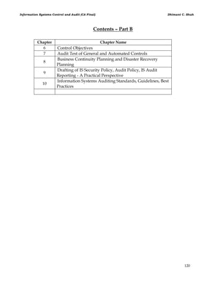 Information Systems Control and Audit (CA Final) Dhimant C. Shah
120
Contents – Part B
Chapter Chapter Name
6 Control Objectives
7 Audit Test of General and Automated Controls
8
Business Continuity Planning and Disaster Recovery
Planning
9
Drafting of IS Security Policy, Audit Policy, IS Audit
Reporting - A Practical Perspective
10
Information Systems Auditing Standards, Guidelines, Best
Practices
 