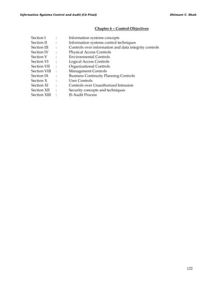 Information Systems Control and Audit (CA Final) Dhimant C. Shah
122
Chapter 6 – Control Objectives
Section I : Information systems concepts
Section II : Information systems control techniques
Section III : Controls over information and data integrity controls
Section IV : Physical Access Controls
Section V : Environmental Controls
Section VI : Logical Access Controls
Section VII : Organizational Controls
Section VIII : Management Controls
Section IX : Business Continuity Planning Controls
Section X : User Controls
Section XI : Controls over Unauthorized Intrusion
Section XII : Security concepts and techniques
Section XIII : IS Audit Process
 