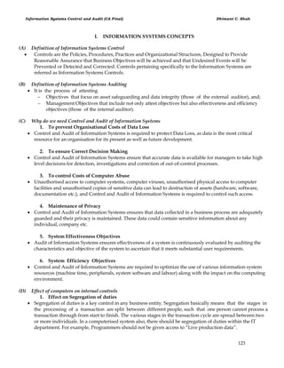 Information Systems Control and Audit (CA Final) Dhimant C. Shah
123
I. INFORMATION SYSTEMS CONCEPTS
(A) Definition of Information Systems Control
 Controls are the Policies, Procedures, Practices and Organizational Structures, Designed to Provide
Reasonable Assurance that Business Objectives will be achieved and that Undesired Events will be
Prevented or Detected and Corrected. Controls pertaining specifically to the Information Systems are
referred as Information Systems Controls.
(B) Definition of Information Systems Auditing
 It is the process of attesting
 Objectives that focus on asset safeguarding and data integrity (those of the external auditor), and;
 Management Objectives that include not only attest objectives but also effectiveness and efficiency
objectives (those of the internal auditor).
(C) Why do we need Control and Audit of Information Systems
1. To prevent Organisational Costs of Data Loss
 Control and Audit of Information Systems is required to protect Data Loss, as data is the most critical
resource for an organisation for its present as well as future development.
2. To ensure Correct Decision Making
 Control and Audit of Information Systems ensure that accurate data is available for managers to take high
level decisions for detection, investigations and correction of out-of-control processes.
3. To control Costs of Computer Abuse
 Unauthorised access to computer systems, computer viruses, unauthorised physical access to computer
facilities and unauthorised copies of sensitive data can lead to destruction of assets (hardware, software,
documentation etc.), and Control and Audit of Information Systems is required to control such access.
4. Maintenance of Privacy
 Control and Audit of Information Systems ensures that data collected in a business process are adequately
guarded and their privacy is maintained. These data could contain sensitive information about any
individual, company etc.
5. System Effectiveness Objectives
 Audit of Information Systems ensures effectiveness of a system is continuously evaluated by auditing the
characteristics and objective of the system to ascertain that it meets substantial user requirements.
6. System Efficiency Objectives
 Control and Audit of Information Systems are required to optimize the use of various information system
resources (machine time, peripherals, system software and labour) along with the impact on the computing
environment.
(D) Effect of computers on internal controls
1. Effect on Segregation of duties
 Segregation of duties is a key control in any business entity. Segregation basically means that the stages in
the processing of a transaction are split between different people, such that one person cannot process a
transaction through from start to finish. The various stages in the transaction cycle are spread between two
or more individuals. In a computerised system also, there should be segregation of duties within the IT
department. For example, Programmers should not be given access to ―Live production data‖.
 