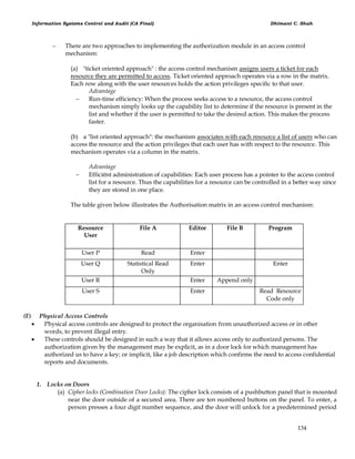 Information Systems Control and Audit (CA Final) Dhimant C. Shah
134
 There are two approaches to implementing the authorization module in an access control
mechanism:
(a) "ticket oriented approach" : the access control mechanism assigns users a ticket for each
resource they are permitted to access. Ticket oriented approach operates via a row in the matrix.
Each row along with the user resources holds the action privileges specific to that user.
Advantage
 Run-time efficiency: When the process seeks access to a resource, the access control
mechanism simply looks up the capability list to determine if the resource is present in the
list and whether if the user is permitted to take the desired action. This makes the process
faster.
(b) a "list oriented approach": the mechanism associates with each resource a list of users who can
access the resource and the action privileges that each user has with respect to the resource. This
mechanism operates via a column in the matrix.
Advantage
 Efficiënt administration of capabilities: Each user process has a pointer to the access control
list for a resource. Thus the capabilities for a resource can be controlled in a better way since
they are stored in one place.
The table given below illustrates the Authorisation matrix in an access control mechanism:
Resource
User
File A Editor File B Program
User P Read Enter
User Q Statistical Read
Only
Enter Enter
User R Enter Append only
User S Enter Read Resource
Code only
(F) Physical Access Controls
 Physical access controls are designed to protect the organisation from unauthorized access or in other
words, to prevent illegal entry.
 These controls should be designed in such a way that it allows access only to authorized persons. The
authorization given by the management may be explicit, as in a door lock for which management has
authorized us to have a key; or implicit, like a job description which confirms the need to access confidential
reports and documents.
1. Locks on Doors
(a) Cipher locks (Combination Door Locks): The cipher lock consists of a pushbutton panel that is mounted
near the door outside of a secured area. There are ten numbered buttons on the panel. To enter, a
person presses a four digit number sequence, and the door will unlock for a predetermined period
 