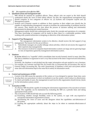 Information Systems Control and Audit (CA Final) Dhimant C. Shah
19
(E) Pre-requisites of an effective MIS
1. Qualified system and management staff
 MIS should be manned by qualified officers. These officers who are expert in the field should
understand clearly the views of their fellow officers. For this, the organizational management base
should comprise of two categories of officers viz. (1) Systems and Computer experts and (2)
Management experts.
 Systems and Computer experts in addition to their expertise in their subject area should also be
capable of understanding management concepts to facilitate the understanding of problems faced by
the concern. They should also be clear about the process of decision making and information
requirements for planning and control functions.
 Management experts should also understand quite clearly the concepts and operations of a computer.
This basic knowledge of computers will be useful to place them in a comfortable position, while
working with systems technicians in designing or otherwise of the information system.
2. Support of Top Management
 The management information system to be effective, should receive the full support of top
management. The reasons for this are as follows:
1. Subordinate managers are usually lethargic about activities, which do not receive the support of
their superiors (top management).
2. The resources involved in computer-based information systems are large and are growing larger
in view of importance gained by management information system.
3. Database
 It can be defined as a "superfile" which consolidates data records formerly stored in many data files.
The data in database in organized in such a way that accesses to the data is improved and redundancy
is reduced.
 Normally, the database is sub-divided into the major information sub-sets needed to run a business.
For example, (a) Customer and Sale File; (b) Vendor file; (c) Personnel file; (d) Inventory file; and (e)
General Ledger Accounting file. The main characteristic of database is that each sub-system utilizes
same data and information kept in the same file to satisfy its information needs.
4. Control and maintenance of MIS
 Control of the MIS means the operation of the system as it was designed to operate. Some time, users
develop their own procedures or short cut methods to use the system, which reduce its effectiveness.
To check such habits of users, the management at each level in the organization should devise checks
for the information system control.
5. Evaluation of MIS
 An effective MIS should be capable of meeting the information requirements of its executives in future
as well. This capability can be maintained by evaluating the MIS on a periodic basis and taking
appropriate timely action.
 The evaluation of MIS should take into account the following points.
(a) Examining whether enough flexibility exists in the system, to cope with any expected or
unexpected information requirement in future.
(b) Ascertaining the views of users and the designers about the capabilities and deficiencies of
the system.
(c) Guiding the appropriate authority about the steps to be taken to maintain effectiveness of
MIS
Management
related
Management
related
Information
related
Control and
evaluation
 