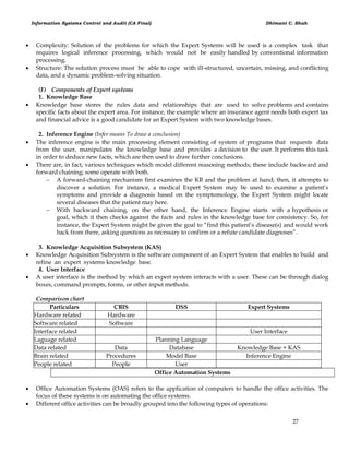 Information Systems Control and Audit (CA Final) Dhimant C. Shah
27
 Complexity: Solution of the problems for which the Expert Systems will be used is a complex task that
requires logical inference processing, which would not be easily handled by conventional information
processing.
 Structure: The solution process must be able to cope with ill-structured, uncertain, missing, and conflicting
data, and a dynamic problem-solving situation.
(F) Components of Expert systems
1. Knowledge Base
 Knowledge base stores the rules data and relationships that are used to solve problems and contains
specific facts about the expert area. For instance, the example where an insurance agent needs both expert tax
and financial advice is a good candidate for an Expert System with two knowledge bases.
2. Inference Engine (Infer means To draw a conclusion)
 The inference engine is the main processing element consisting of system of programs that requests data
from the user, manipulates the knowledge base and provides a decision to the user. It performs this task
in order to deduce new facts, which are then used to draw further conclusions.
 There are, in fact, various techniques which model different reasoning methods; these include backward and
forward chaining; some operate with both.
 A forward-chaining mechanism first examines the KB and the problem at hand; then, it attempts to
discover a solution. For instance, a medical Expert System may be used to examine a patient‘s
symptoms and provide a diagnosis based on the symptomology, the Expert System might locate
several diseases that the patient may here.
 With backward chaining, on the other hand, the Inference Engine starts with a hypothesis or
goal, which it then checks against the facts and rules in the knowledge base for consistency. So, for
instance, the Expert System might be given the goal to ―find this patient‘s disease(s) and would work
back from there, asking questions as necessary to confirm or a refute candidate diagnoses‖.
3. Knowledge Acquisition Subsystem (KAS)
 Knowledge Acquisition Subsystem is the software component of an Expert System that enables to build and
refine an expert systems knowledge base.
4. User Interface
 A user interface is the method by which an expert system interacts with a user. These can be through dialog
boxes, command prompts, forms, or other input methods.
Comparison chart
Particulars CBIS DSS Expert Systems
Hardware related Hardware
Software related Software
Interface related User Interface
Laguage related Planning Language
Data related Data Database Knowledge Base + KAS
Brain related Procedures Model Base Inference Engine
People related People User
Office Automation Systems
 Office Automation Systems (OAS) refers to the application of computers to handle the office activities. The
focus of these systems is on automating the office systems.
 Different office activities can be broadly grouped into the following types of operations:
 