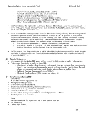 Information Systems Control and Audit (CA Final) Dhimant C. Shah
35
 Executive Information Systems (EIS) (Covered in Chapter 1)
 Corporate Information Systems (CIS) (Details not required)
 Enterprise Wide Systems (EWS) (Details not required)
 Material Requirement (Resource) Planning (MRP) (Covered here)
 Manufacturing Requirement (Resource) Planning (MRP II) (Covered here)
 Money Resource Planning (MRP III) (Details not required)
 MRP is a technique that explodes the end product demands obtained from Master Production Schedule
(MPS) for the given product structure which is taken from Bill of Material (BOM) into a schedule of planned
orders considering the inventory in hand.
 MRPII is a method for planning of all the resources of the manufacturing company. It involves all operational
and financial planning and has simulation capabilities to answer 'WHAT IF' questions. It links different
functional areas like Business Planning, Production Planning, MPS, MRP, Capacity Requirement Planning
and Execution system for capacity and priority. Output from these systems is integrated with Financial
Reports such as Business Plan, Purchase, Shipping, Budget, and Inventory for production etc.
 MRPII system evolved from MRP (Material Requirement Planning) system.
 MRPII has a number of drawbacks. The main problem is that it has not been able to effectively
integrate the different functional areas to share the resources effectively.
 ERP has evolved from the system known as MRP II (Manufacturing Requirement planning) system with the
integration of information between Vendors, Customers and Manufacturers using networks such as LAN,
WAN and INTERNET etc.
(E) Enabling Technologies
 It is not possible to think of an ERP system without sophisticated information technology infrastructure.
 Following are the enabling technologies for an ERP:
 Client server technology: In a client server environment, the server stores the data, maintaining its
integrity and consistency and processes the requests of the user from the client desktops. The load
of data processing and application logic is divided between the server and the client.
 Relational Database Management Systems (RDBMS)
 Electronic Data Interchange (EDI), Internet, and Intranet etc.
(F) Expectations and Fears of ERP
Expectations
A few of the popular expectations are:
 An improvement in processes
 Increased productivity on all fronts.
 Total automation and disbanding of all manual processes.
 Improvement of all key performance indicators.
 Elimination of all manual record keeping.
 Real time information systems available to concerned people on a need basis.
 Total integration of all operations.
Fears
ERP implementation also engenders a host of fears. Some of them are:
 Job redundancy.
 Change in job profile.
 
