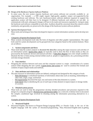 Information Systems Control and Audit (CA Final) Dhimant C. Shah
75
(E) Design of the Hardware / System Software Platform
 In some cases, the new system requires hardware and system software not currently available in an
organization. For example – a DSS might require high-quality graphics output not supported by the
existing hardware and software. The new hardware/system software platform required to support the
application system will then have to be designed. If different hardware and software are not able to
communicate with each, subsequent changes will have to be made and resources expanded in trying to make
the hardware and software compatible to each other. Auditors should be concerned about the extent to which
modularity and generality are preserved in the design of the hardware/system software platform
(F) Systems Development Tools
 Many tools and techniques have been developed to improve current information systems and to develop new
ones.
Categories of System Development Tools
 Many systems development tools take the form of diagrams and other graphic representations. The major
tools used for system development can be grouped into four categories based on the systems features. These
are as follows:
1. System components and flows
 These tools help the system analysts to document the data flow among the major resources and activities of
an information system. System flow charts are typically used to show the flow of data media as they are
processed by the hardware devices and manual activities. A data flow diagram uses a few simple symbols to
illustrate the flow of data among external entities (such as people or organizations, etc.), processing activities
and data storage elements
2. User interface
 Designing the interface between end users and the computer system is a major consideration of a system
analyst while designing the new system. Layout forms and screens are used to construct the formats and
contents of input/output media and methods.
3. Data attributes and relationships
 The data resources in information system are defined, catalogued and designed by this category of tools.
 Data Dictionary is centralized repository of information about data such as meaning, relationships to
other data, origin, usage, and format.
 File layout forms document the type, size and names of the data elements in a system.
 Grid charts help in identifying the use of each type of data element in input/output or storage media
of a system.
4. Detailed system process
 These tools are used to help the programmer develop detailed procedures and processes required in the
design of a computer program. Decision trees and decision tables use a network or tabular form to document
the complex conditional logic involved in choosing among the information processing alternatives in a
system.
Examples of System Development Tools
1. Structured English
 Structured English, also known as Program Design Language (PDL) or Pseudo Code, is the use of the
English language with the syntax of structured programming. Thus, Structured English aims at getting
 