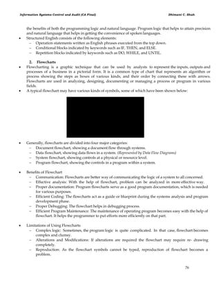 Information Systems Control and Audit (CA Final) Dhimant C. Shah
76
the benefits of both the programming logic and natural language. Program logic that helps to attain precision
and natural language that helps in getting the convenience of spoken languages.
 Structured English consists of the following elements:
 Operation statements written as English phrases executed from the top down.
 Conditional blocks indicated by keywords such as IF, THEN, and ELSE.
 Repetition blocks indicated by keywords such as DO, WHILE, and UNTIL.
2. Flowcharts
 Flowcharting is a graphic technique that can be used by analysts to represent the inputs, outputs and
processes of a business in a pictorial form. It is a common type of chart that represents an algorithm or
process showing the steps as boxes of various kinds, and their order by connecting these with arrows.
Flowcharts are used in analyzing, designing, documenting or managing a process or program in various
fields.
 A typical flowchart may have various kinds of symbols, some of which have been shown below:
 Generally, flowcharts are divided into four major categories:
 Document flowchart, showing a document flow through systems.
 Data flowchart, showing data flows in a system. (Represented by Data Flow Diagrams)
 System flowchart, showing controls at a physical or resource level.
 Program flowchart, showing the controls in a program within a system.
 Benefits of Flowchart
 Communication: Flowcharts are better way of communicating the logic of a system to all concerned.
 Effective analysis: With the help of flowchart, problem can be analyzed in more effective way.
 Proper documentation: Program flowcharts serve as a good program documentation, which is needed
for various purposes.
 Efficient Coding: The flowcharts act as a guide or blueprint during the systems analysis and program
development phase.
 Proper Debugging: The flowchart helps in debugging process.
 Efficient Program Maintenance: The maintenance of operating program becomes easy with the help of
flowchart. It helps the programmer to put efforts more efficiently on that part.
 Limitations of Using Flowcharts
 Complex logic: Sometimes, the program logic is quite complicated. In that case, flowchart becomes
complex and clumsy.
 Alterations and Modifications: If alterations are required the flowchart may require re- drawing
completely.
 Reproduction: As the flowchart symbols cannot be typed, reproduction of flowchart becomes a
problem.
 