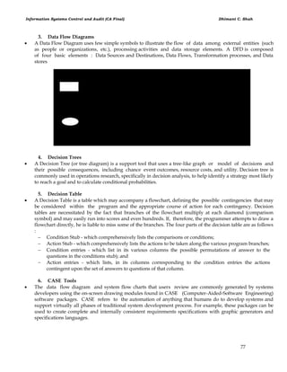 Information Systems Control and Audit (CA Final) Dhimant C. Shah
77
3. Data Flow Diagrams
 A Data Flow Diagram uses few simple symbols to illustrate the flow of data among external entities (such
as people or organizations, etc.), processing activities and data storage elements. A DFD is composed
of four basic elements : Data Sources and Destinations, Data Flows, Transformation processes, and Data
stores
4. Decision Trees
 A Decision Tree (or tree diagram) is a support tool that uses a tree-like graph or model of decisions and
their possible consequences, including chance event outcomes, resource costs, and utility. Decision tree is
commonly used in operations research, specifically in decision analysis, to help identify a strategy most likely
to reach a goal and to calculate conditional probabilities.
5. Decision Table
 A Decision Table is a table which may accompany a flowchart, defining the possible contingencies that may
be considered within the program and the appropriate course of action for each contingency. Decision
tables are necessitated by the fact that branches of the flowchart multiply at each diamond (comparison
symbol) and may easily run into scores and even hundreds. If, therefore, the programmer attempts to draw a
flowchart directly, he is liable to miss some of the branches. The four parts of the decision table are as follows
:
 Condition Stub - which comprehensively lists the comparisons or conditions;
 Action Stub - which comprehensively lists the actions to be taken along the various program branches;
 Condition entries - which list in its various columns the possible permutations of answer to the
questions in the conditions stub); and
 Action entries - which lists, in its columns corresponding to the condition entries the actions
contingent upon the set of answers to questions of that column.
6. CASE Tools
 The data flow diagram and system flow charts that users review are commonly generated by systems
developers using the on-screen drawing modules found in CASE (Computer-Aided-Software Engineering)
software packages. CASE refers to the automation of anything that humans do to develop systems and
support virtually all phases of traditional system development process. For example, these packages can be
used to create complete and internally consistent requirements specifications with graphic generators and
specifications languages.
 