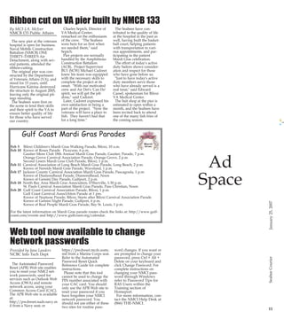 Page 11

PG 11 B&W

PG14B&W
Ribbon cut on VA pier built by NMCB 133
By MC3 J.A. McIver
NMCB 133 Public Affairs
The new pier at the veterans
hospital is open for business.
Naval Mobile Construction
Battalion (NMCB) ONE
THIRTY-THREE'S Air
Detachment, along with several patients, attended the
ribbon-cutting.
The original pier was constructed by the Department
of Veterans Affairs (VA), and
stood for 15 years, until
Hurricane Katrina destroyed
the structure in August 2005,
leaving only the original pilings standing.
The Seabees were first on
the scene to lend their skills
and their spirit to the VA to
ensure better quality of life
for those who have served
our country.

Photo by MC2 Gregory N. Juday

Equipment Operator Ryan Smith of New Orleans, La. from Naval Mobile
Construction Battalion 74 operates a NAV64B Track Loader at Out Post Viking on
Jan. 3. Seabees from NMCB 74's Alfa Company went to Out Post Viking to build a
culvert, to allow the Marines access to the main Entry Control Point.

74 builds bridges in time of war
By MC2 Gregory N. Juday
NMCB 74 Public Affairs

January 25, 2007

It was a cold morning in
Ramadi, Iraq, when eight
Seabees from Naval
Mobile Construction
Battalion (NMCB) 74
stepped off to complete a
project at Out Post Viking,
a small camp outside
Fallujah. They were
tasked with replacing an
existing temporary bridge
spanning a small canal
with a more permanent
crossing. To accomplish
this, Fearless 74 place three
culverts in the canal and
then backfilled it to grade
level.
Marines from Fox
Company, 2/8 Battalion
had requested a more permanent crossing so that
they could bring much
needed heavy equipment
and artillery vehicles
across the canal and into
their camp.
"The bridge we had
before was not sturdy or
large enough to accommodate 7-ton trucks or tanks,"
said Gunnery Sergeant
Vernon Getter of Fox Co.,
nd
th
11 2 Battalion, 8 Marines.

"Allowing these vehicles to
enter the camp will heighten the security for the
Marines stationed here."
Several days of planning
and three working days
totaling 186 man hours
went into placing the culverts for OP Viking. The
Seabees placed over 300
tons of existing fill and
another 300 tons brought
in from Ramadi utilizing a
John Deere 200 CLC
Excavator and a NAV 64B
Track loader to get the job
done.
"I feel good about helping
the Marines out on the
front lines," said
Equipment Operator Ryan
Smith of New Orleans,
Louisiana. "They are out
there everyday protecting
us, so if we can make their
lives easier by building a
bridge, then I am proud to
build them a bridge".
During their time at OP
Viking, the Marines supported the Seabees by providing them food, berthing
and security for the duration of their stay.
"At first I wasn't too
thrilled about the accommodations, until I saw how

some of the Marines living
here slept at night, and I
became more appreciative
for what they had to give,"
said Equipment Operator
Patrick Warner. "I came to
realize that by working
side by side with these
guys and sleeping in close
quarters for the duration of
our stay, it helped bring us
together; not just as a team
but as a family." With limited hardened structures,
most of the Marines slept
outside in the cold night
air often reaching temperatures in the mid 20s.
To place the culverts
leading to the entrance of
the camp, the Seabees had
to work from sunrise to
sunset outside the safety
perimeter of the camp. To
help ensure the safety of
our Seabees, the Marines
posted security and
patrolled the surrounding
areas to make sure that
there were no unforeseen
incidents.
"I believe it was the least
See Bridges page 23

Ad
Space

Charles Sepich, Director of
VA Medical Center,
remarked on the enthusiasm
of the crew. "The Seabees
were here for us first when
we needed them," said
Sepich.
Pier projects are normally
handled by the Amphibious
Construction Battalion
(ACB). Project Supervisor
BU1 (SCW) Michael Cadoret
knew his team was equipped
with the necessary skills to
complete the project at its
onset. "With our motivated
crew and Air Det's 'Can Do'
spirit, we will get the job
done," said Cadoret.
Later, Cadoret expressed his
own satisfaction in being a
part of the project. "Now the
veterans will have a place to
fish. They haven't had that
for a long time."

The Seabees have contributed to the quality of life
at the hospital in the past as
well, having built the basketball court, helping patients
with transportation to various appointments, and participating in the patient
Mardi Gras celebration.
The effort of today's active
duty Sailors shows consideration and respect for those
who have gone before us.
"Just to have today's active
duty members serve those
who have already served is a
real treat," said Edward
Cassel, spokesman for Biloxi
VA Medical Center.
The bait shop at the pier is
estimated to open within a
month, and the Seabees have
been invited back to attend
one of the many fish fries of
the coming season.

Gulf Coast Mardi Gras Parades
Feb 3 Biloxi Children's Mardi Gras Walking Parade, Biloxi, 10 a.m.
Feb 10 Krewe of Roses Parade Picayune, 6 p.m.
Gautier Mens Club 18th Annual Mardi Gras Parade, Gautier, Parade, 7 p.m.
Orange Grove Carnival Association Parade, Orange Grove, 2 p.m.
Second Liners Mardi Gras Club Parade, Biloxi, 1 p.m.
Feb 11 Carnival Association of Long Beach Mardi Gras Parade, Long Beach, 2 p.m.
Krewe of Nereids Mardi Gras Parade, Waveland, 1 p.m.
Feb 17 Jackson County Carnival Association Mardi Gras Parade, Pascagoula, 1 p.m
Krewe of Diamondhead Parade, Diamondhead, Noon
Krewe of Gemini Day Parade, Gulfport, 2 p.m.
Feb 18 North Bay Area Mardi Gras Association, D'Iberville, 1:30 p.m.
St. Pauls Carnival Association Mardi Gras Parade, Pass Christian, Noon
Feb 20 Gulf Coast Carnival Association Parade, Biloxi, 1 p.m.
Gulf Coast Carnival AssocIAtion Parade at 1 pm.
Krewe of Neptune Parade, Biloxi, Starts after Biloxi Carnival Association Parade
Krewe of Gemini Night Parade, Gulfport, 6 p.m.
Krewe of Real People Mardi Gras Parade, Bay St. Louis, 1 p.m.
For the latest information on Mardi Gras parade routes check the links at: http://www.gulfcoast.com/events and http://www.gulfcoast.org/calendar.

Web tool now available to change
Network passwords
Provided by Jana Landers
NCBC Info Tech Dept
The Automated Password
Reset (APR) Web site enables
you to reset your NMCI network passwords, used for
services such as Outlook Web
Access (OWA) and remote
network access, using your
Common Access Card (CAC).
The APR Web site is available
at:
http://pwdreset.nads.navy.m
il from a Navy seat; or

https://pwdreset.mcds.usmc.
mil from a Marine Corps seat.
Refer to the Automated
Password Reset Quick
Reference Guide for complete
instructions.
Please note that this tool
cannot be used to change the
PIN number associated with
your CAC card. You should
only use the APR Web site to
reset your password if you
have forgotten your NMCI
network password. You
should not use either of these
two sites for routine pass-

word changes. If you want or
are prompted to change your
password, press Ctrl + Alt +
Delete on your keyboard and
click Change Password. For
complete instructions on
changing your NMCI password through Windows
refer to Password Tips for
RAS Users within the
Training section of
Homeport.
For more information, contact the NMCI Help Desk at
(866) THE-NMCI.

Ad
Space

11

CB PG 11-14

What you don't know about safety could hurt you.

January 25, 2007

13:19

Seabee Courier

1/24/2007

Seabee Courier

25Jan07.qxd

 