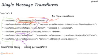 From Zero to Hero with Kafka Connect
@rmoff
Single Message Transforms
"config": {
[...]
"transforms": "addDateToTopic,labelFooBar",
"transforms.addDateToTopic.type": "org.apache.kafka.connect.transforms.TimestampRouter",
"transforms.addDateToTopic.topic.format": "${topic}-${timestamp}",
"transforms.addDateToTopic.timestamp.format": "YYYYMM",
"transforms.labelFooBar.type": "org.apache.kafka.connect.transforms.ReplaceField$Value",
"transforms.labelFooBar.renames": "delivery_address:shipping_address",
}
Do these transforms
Transforms config Config per transform
 