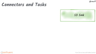 From Zero to Hero with Kafka Connect
@rmoff
Connectors and Tasks
JDBC Source S3 Sink
JDBC Task #2JDBC Task #1
S3 Task #1
 