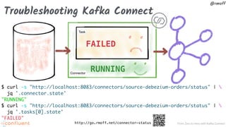 From Zero to Hero with Kafka Connect
@rmoff
Troubleshooting Kafka Connect
$ curl -s "http://localhost:8083/connectors/source-debezium-orders/status" | 
jq '.connector.state'
"RUNNING"
$ curl -s "http://localhost:8083/connectors/source-debezium-orders/status" | 
jq '.tasks[0].state'
"FAILED"
http://go.rmoff.net/connector-status
RUNNING
FAILED
Connector
Task
 