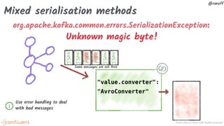 From Zero to Hero with Kafka Connect
@rmoff
Mixed serialisation methods
"value.converter":
"AvroConverter"
org.apache.kafka.common.errors.SerializationException:
Unknown magic byte!
Some messages are not Avro
Use error handling to deal
with bad messagesⓘ
 